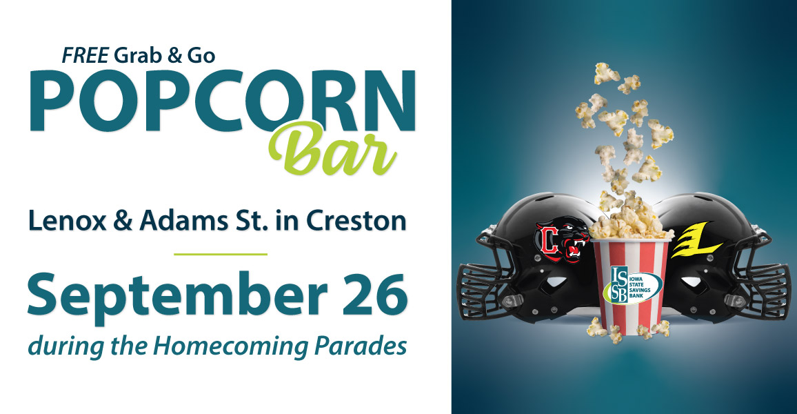 Free grab & go popcorn bar on 9/26/25 during the homecoming parades