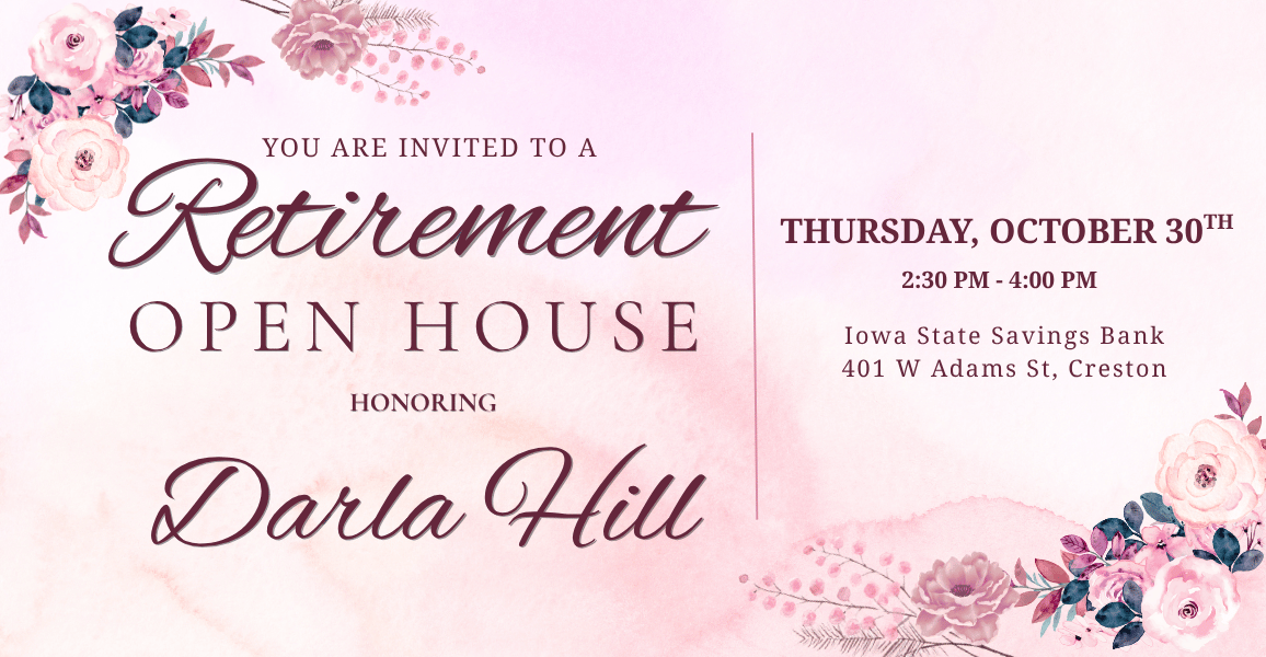 Retirement open house for Darla Hill October 30th from 2:30 pm - 4:00 pm, Adams Street Location